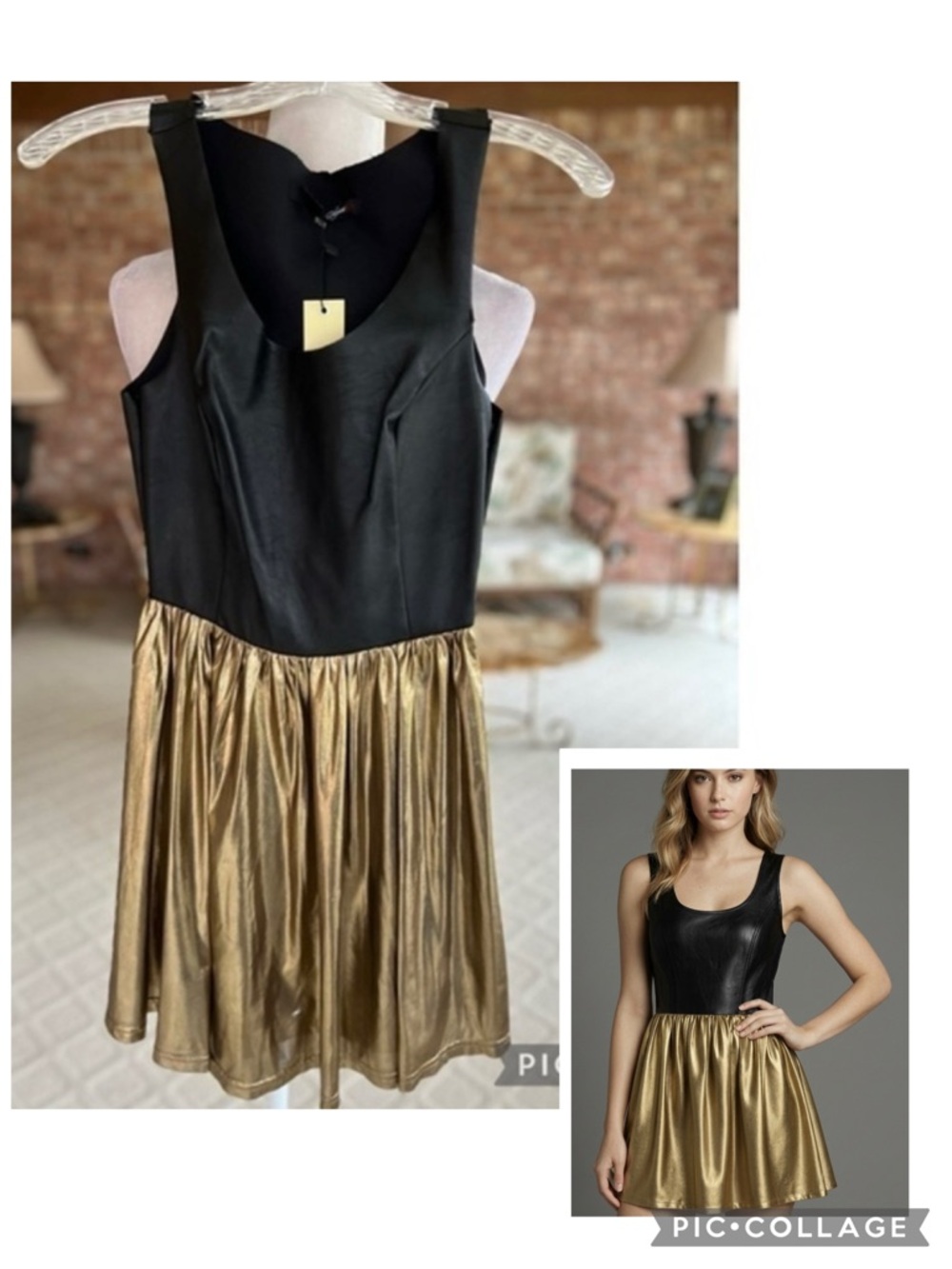 SugarLips Dress Black Faux Leather Gold Metallic Mini XS NWT Party Cocktail